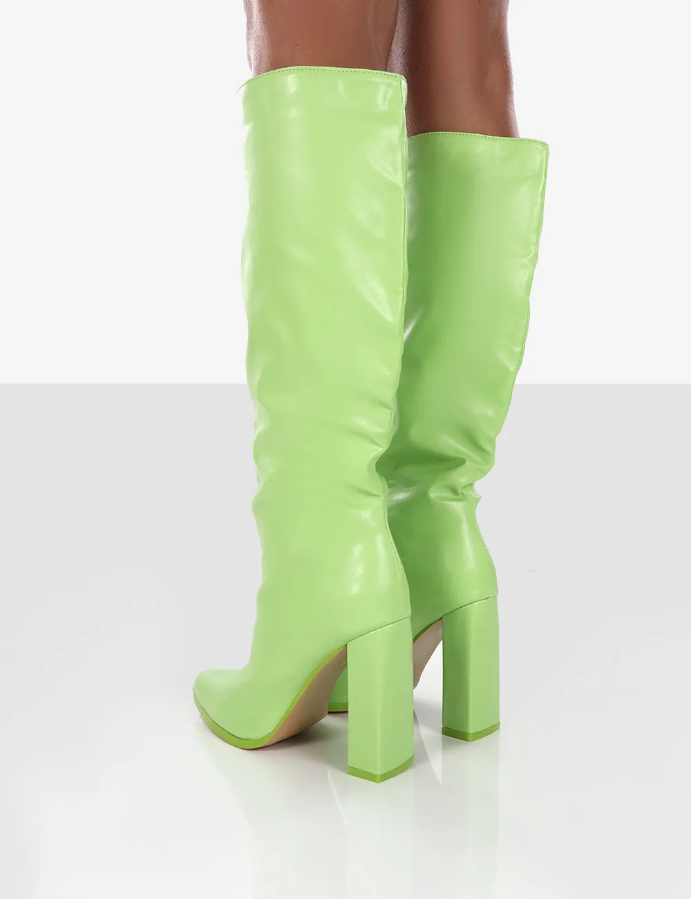 Far Away Lime Grain PU Square Toe Knee High Block Boots