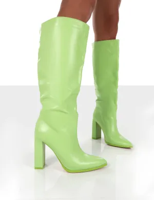 Far Away Lime Grain PU Square Toe Knee High Block Boots