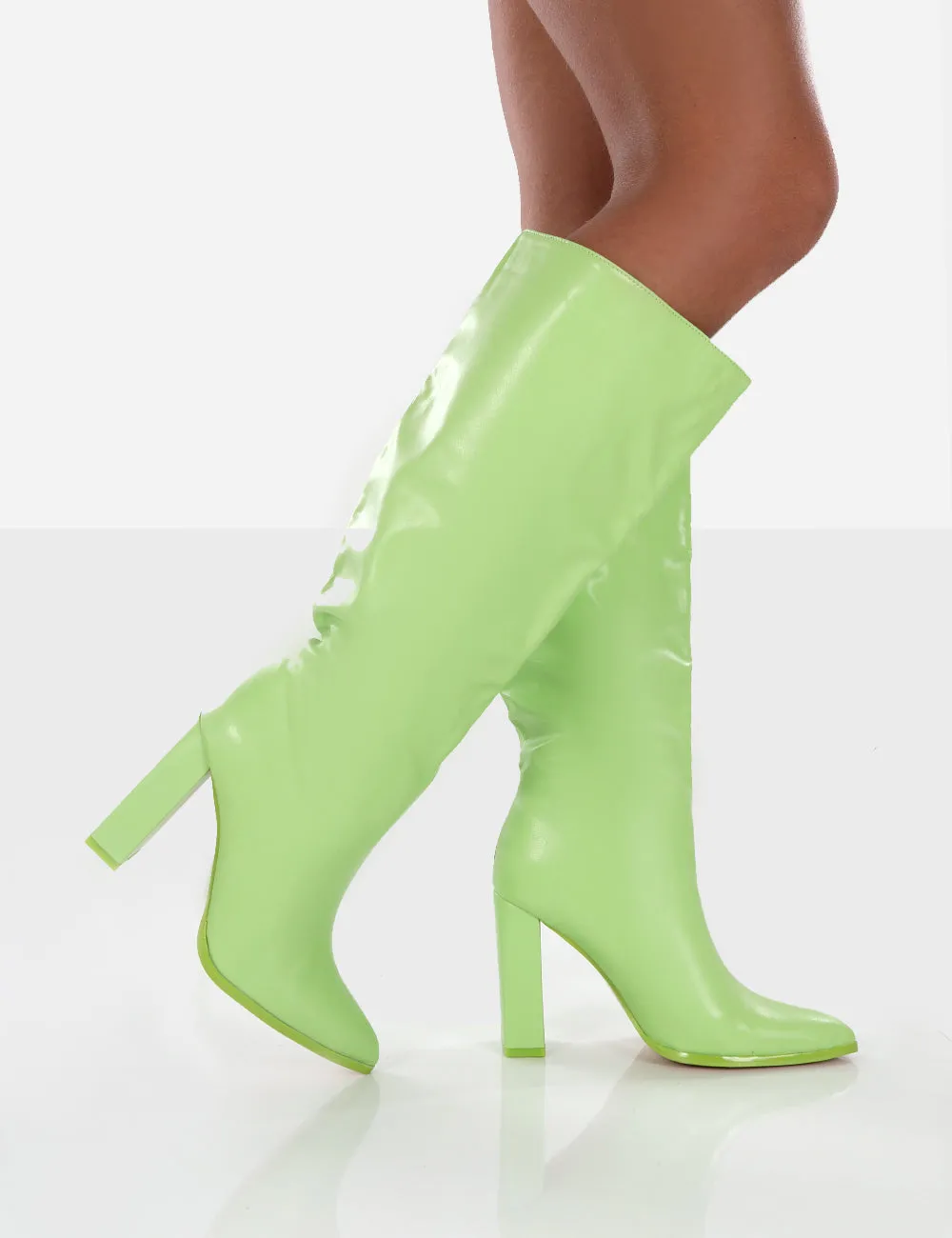 Far Away Lime Grain PU Square Toe Knee High Block Boots