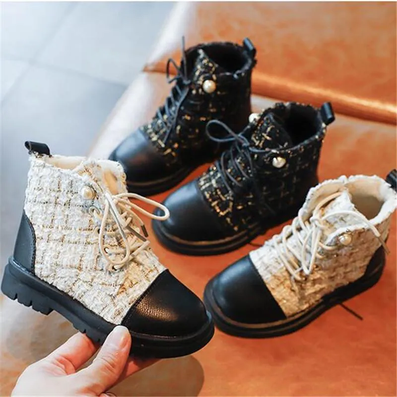 Girls Martin Boots 2020 Autumn Winter New Fashion Pearl Plaid Children