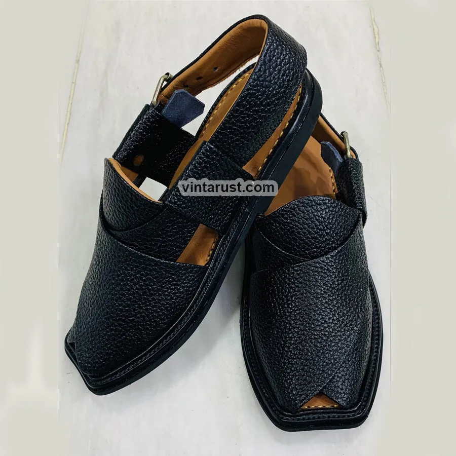 Handmade Black Textured Peshawari Men's Chappal