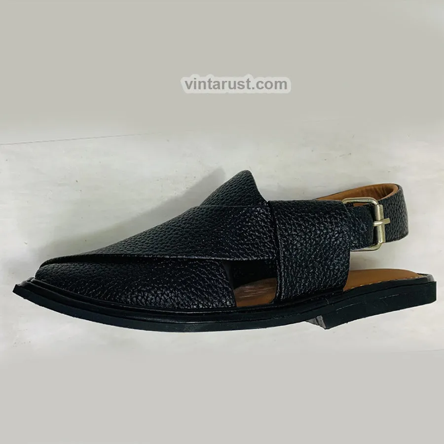 Handmade Black Textured Peshawari Men's Chappal