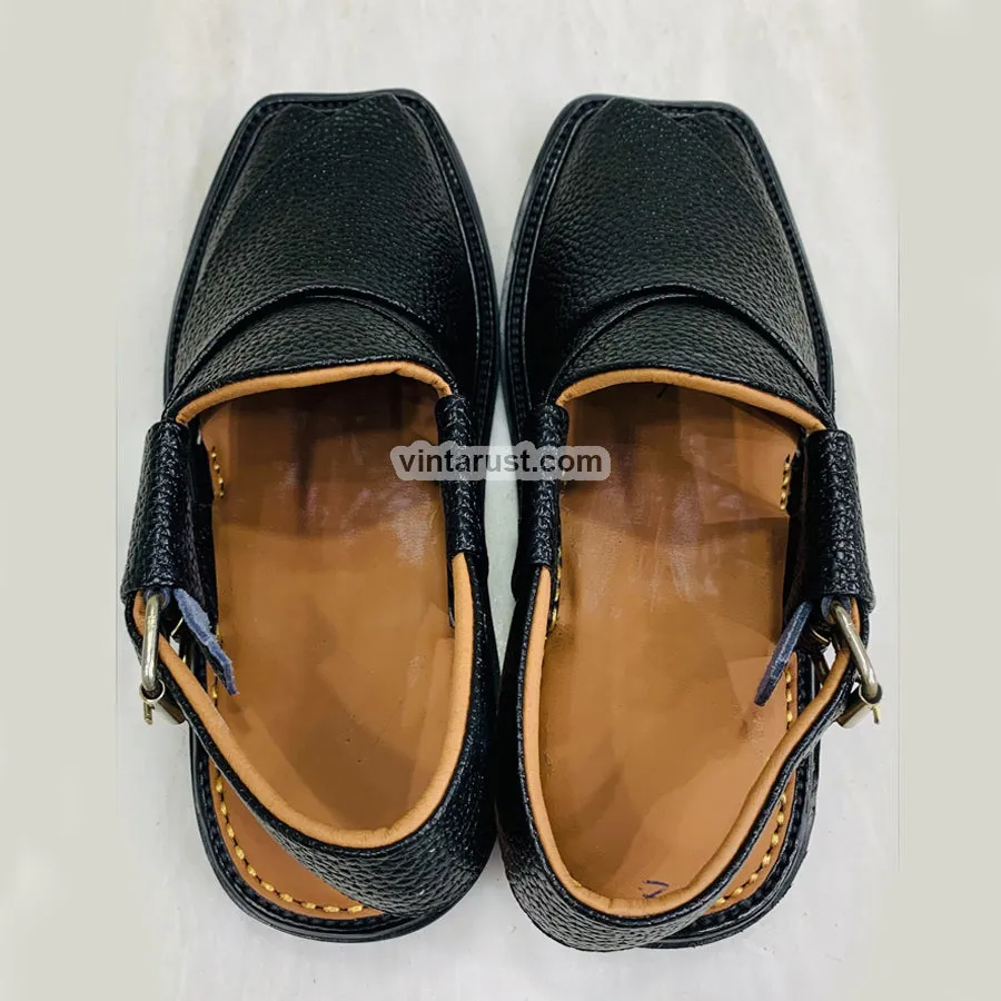 Handmade Black Textured Peshawari Men's Chappal