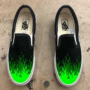 Hot Green Flame Shoes - Custom Vans Black Slip On Shoes