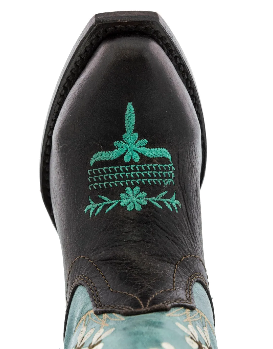 Kids Teal & Dark Brown Western Cowboy Boots Floral Leather - Snip Toe