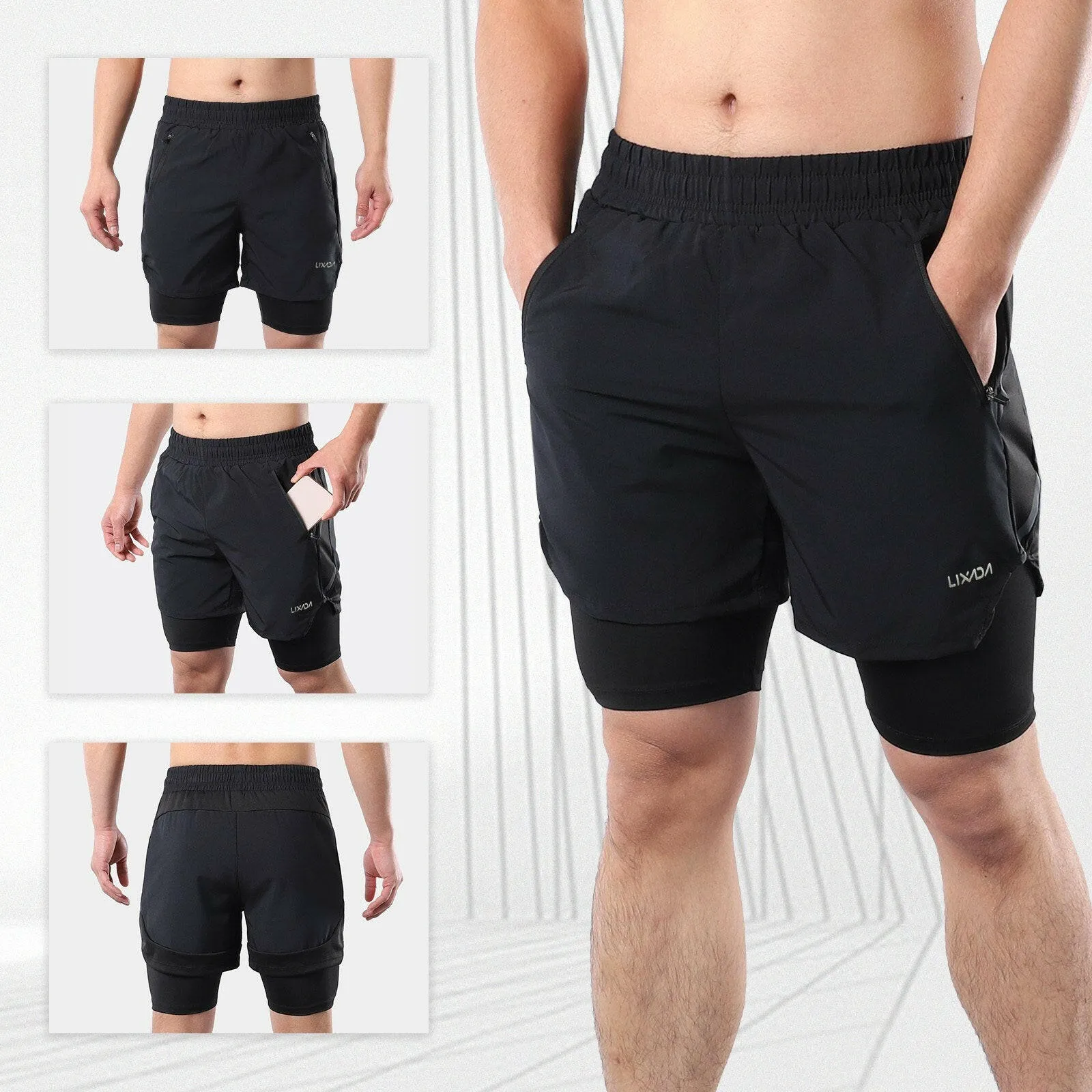 Lixada Men 2 in 1 Running Shorts Quick Drying Breathable Active Training Exercise Jogging Marathon Cycling Shorts