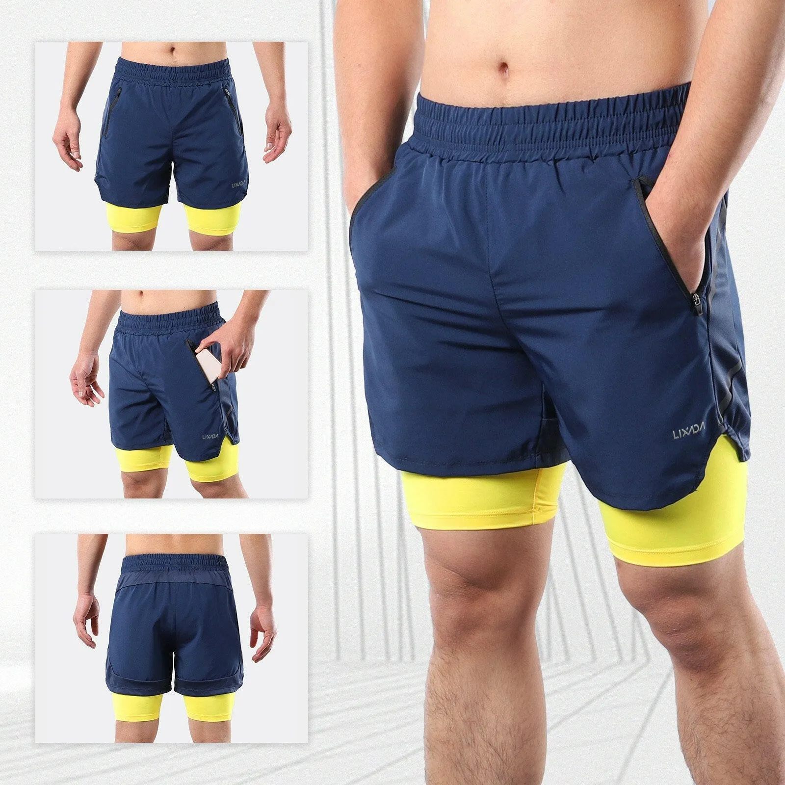 Lixada Men 2 in 1 Running Shorts Quick Drying Breathable Active Training Exercise Jogging Marathon Cycling Shorts