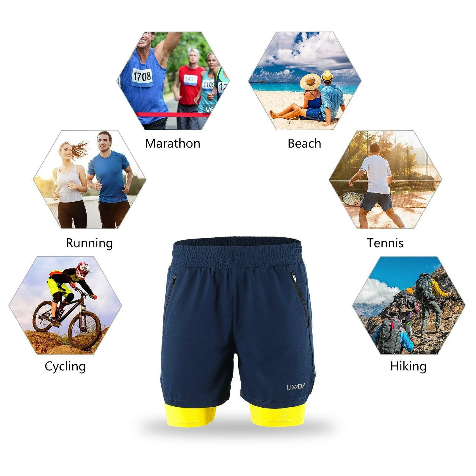 Lixada Men 2 in 1 Running Shorts Quick Drying Breathable Active Training Exercise Jogging Marathon Cycling Shorts