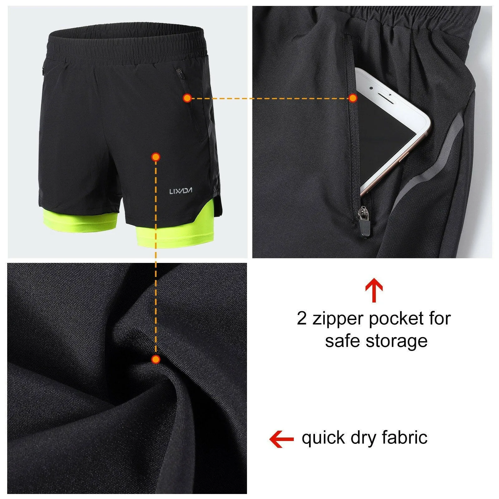 Lixada Men 2 in 1 Running Shorts Quick Drying Breathable Active Training Exercise Jogging Marathon Cycling Shorts