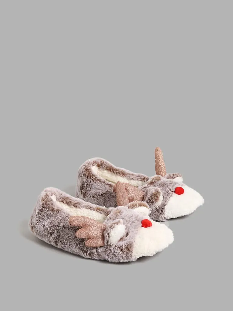 LUNA BLU Brown Reindeer Face Fur Ballet Shoes