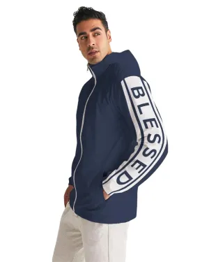 Mens Hooded Windbreaker - Blessed Sleeve Stripe Blue Water Resistant Jacket -J7QI0X