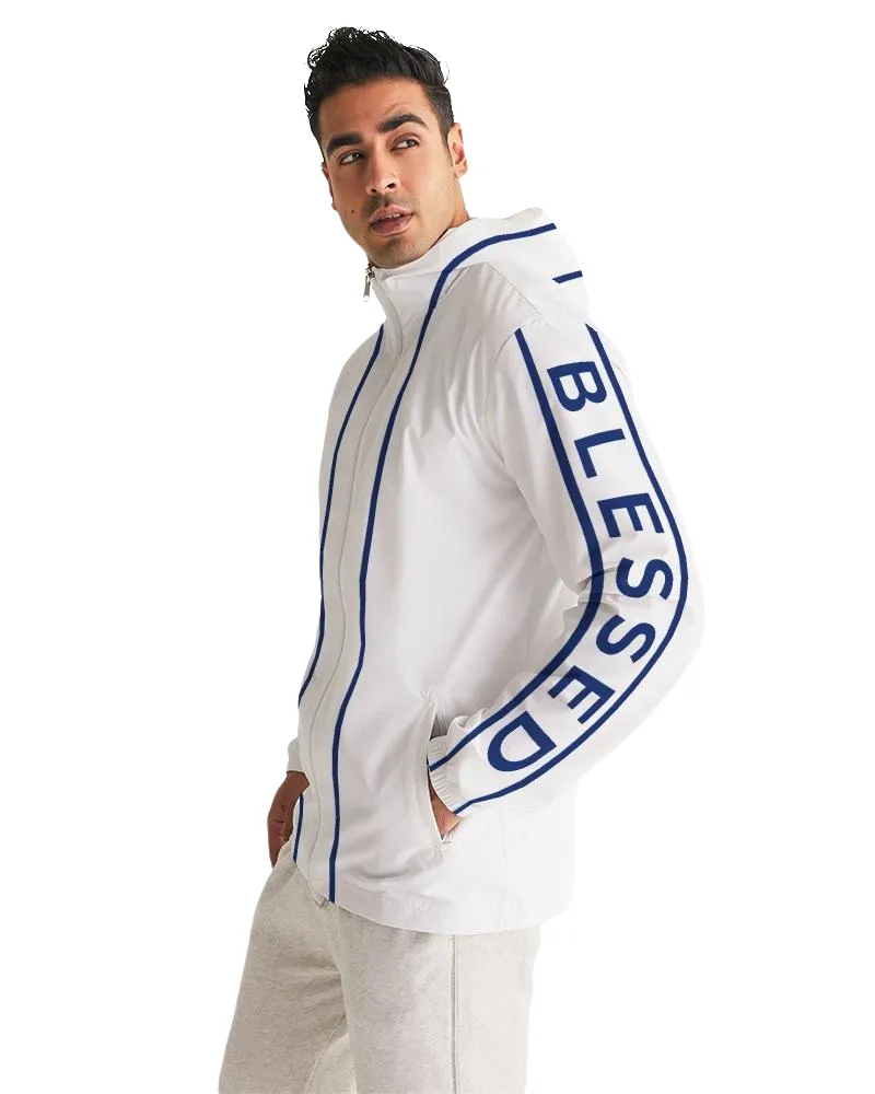 Mens Hooded Windbreaker - Blessed Sleeve Stripe White Water Resistant Jacket - J7SX0X