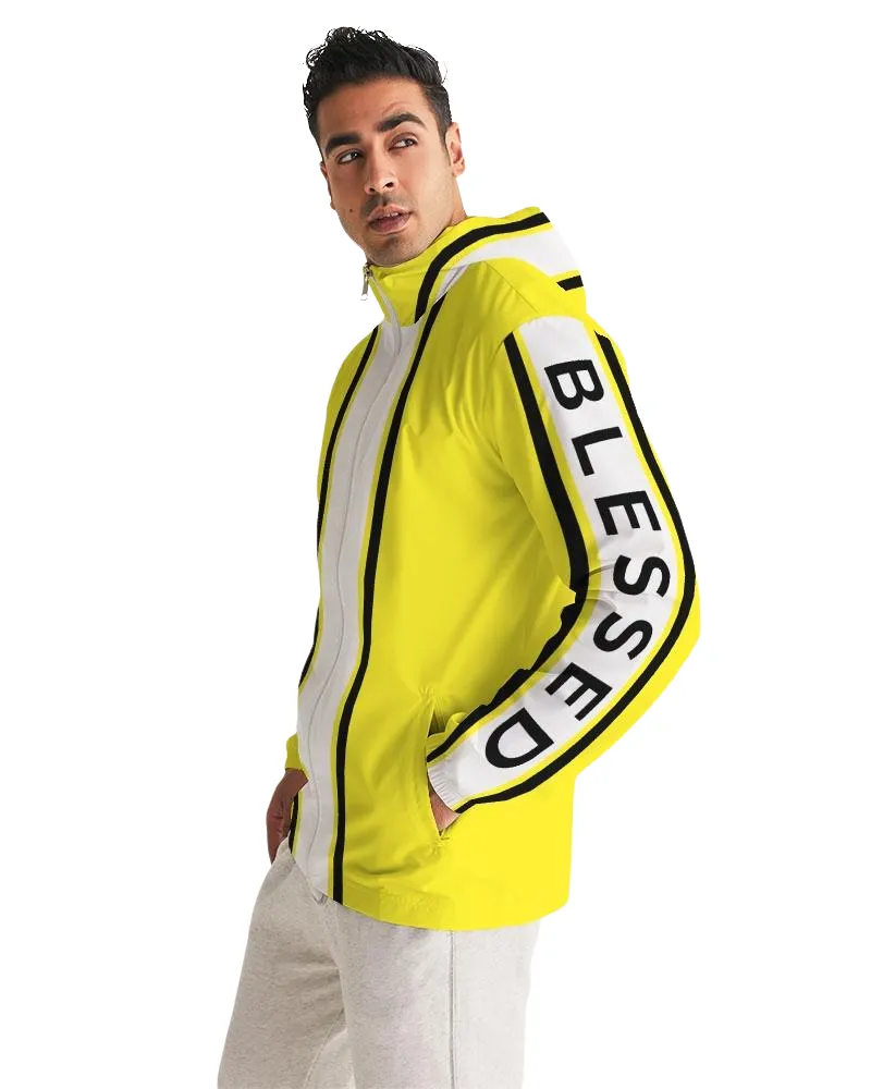 Mens Hooded Windbreaker - Blessed Sleeve Stripe Yellow Water Resistant Jacket - J7TA0X