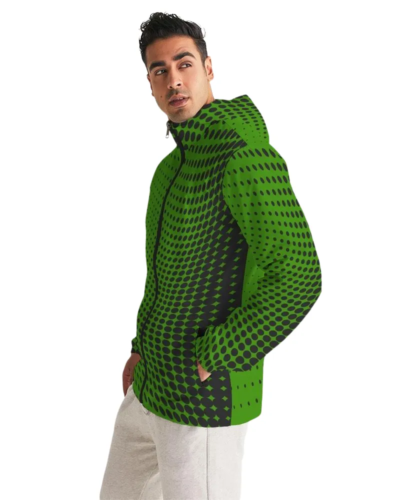 Mens Hooded Windbreaker - Green Polka Dot Water Resistant Jacket - JL3I0X