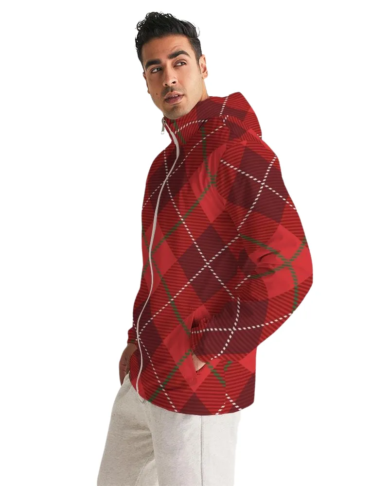 Mens Hooded Windbreaker - Red Tartan Plaid Water Resistant Jacket - JJZ80X