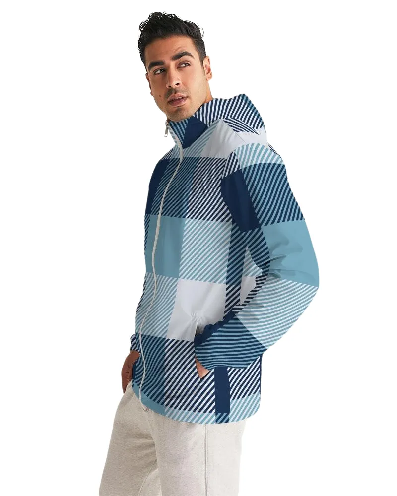 Mens Hooded Windbreaker - Tartan Plaid Blue Water Resistant Jacket - J917641