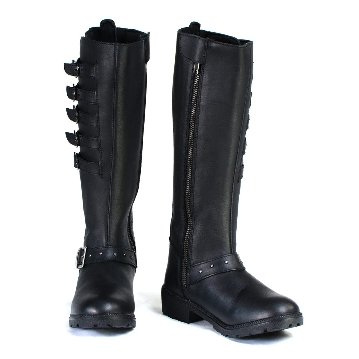 Milwaukee Leather MBL9395 Women's Black Leather 17-Inch Side Strap Riding Motorcycle Boots with Side Zipper