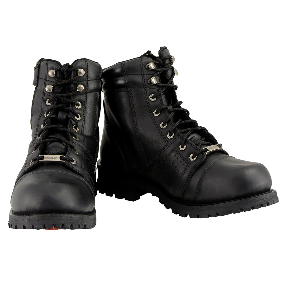 Milwaukee Leather MBM9000W Men's Black Lace-Up 'Wide-Width' Motorcycle Leather Boots with Side Zipper Entry