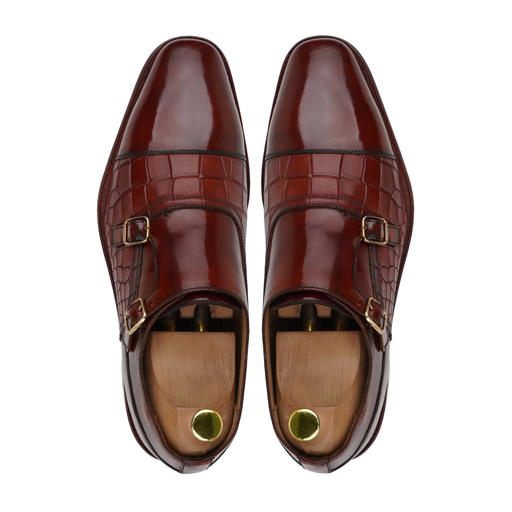 Pitzu - Men's Oxblood Box Leather High Shine Double Monkstrap