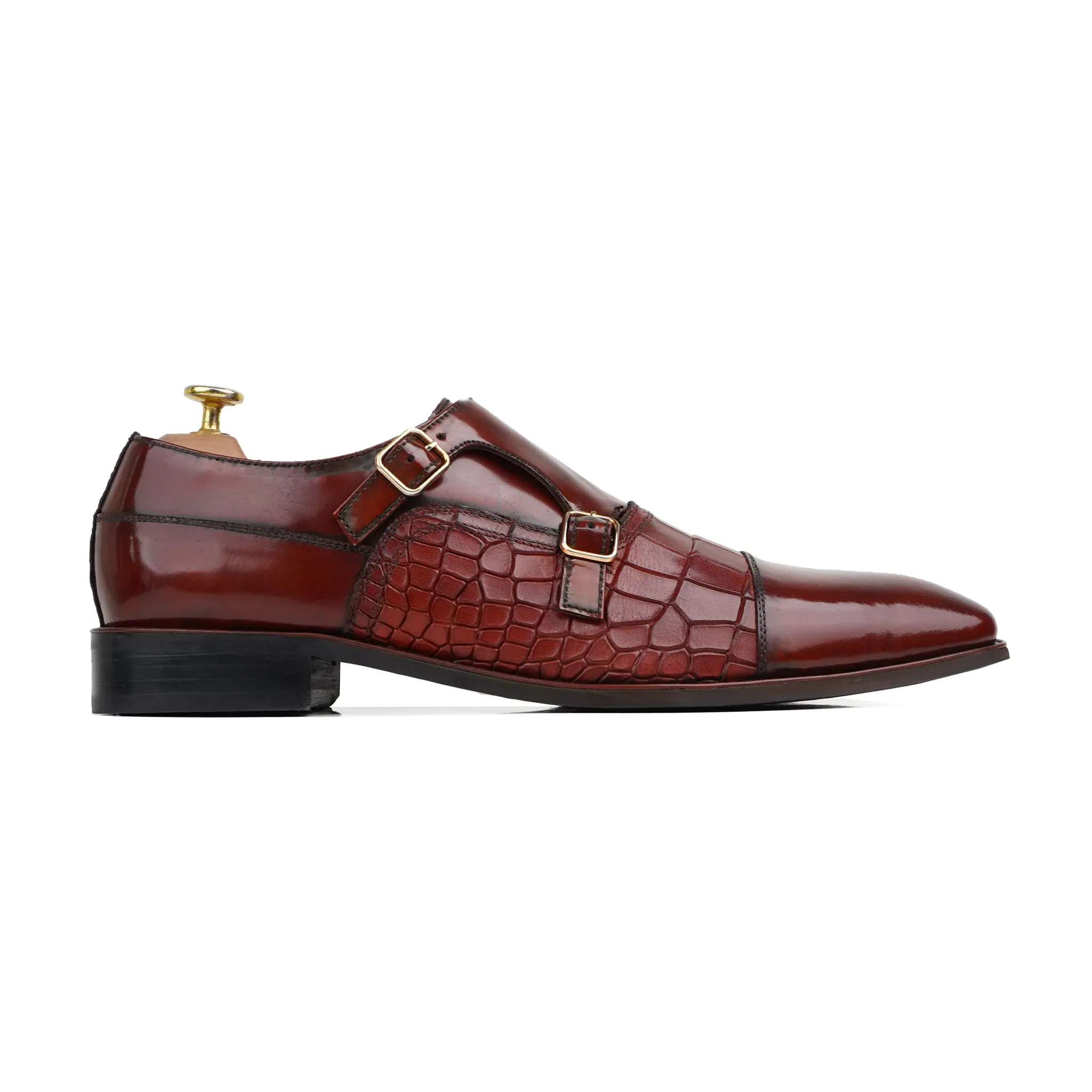 Pitzu - Men's Oxblood Box Leather High Shine Double Monkstrap