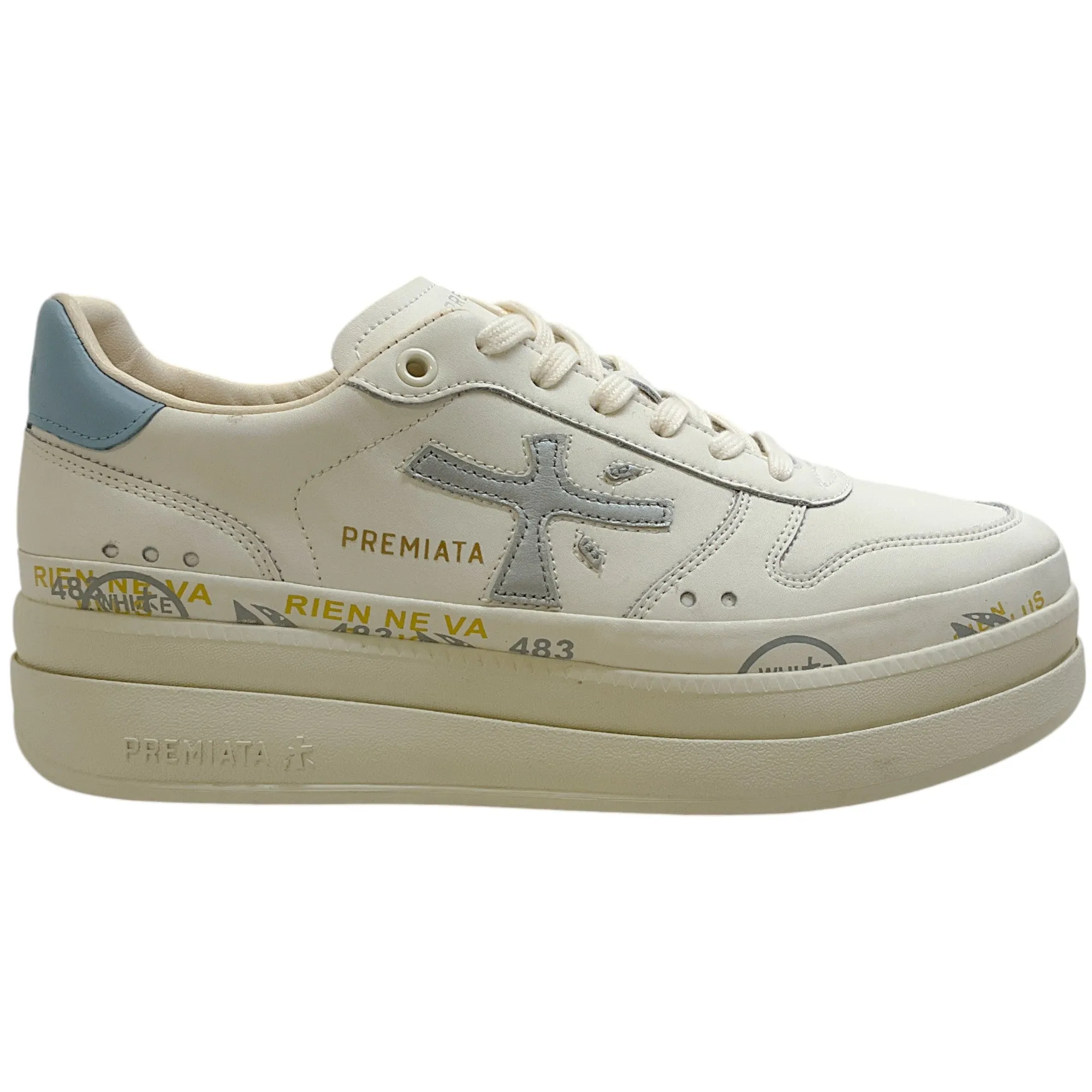 Premiata Ivory / Platinum Leather Micol Platform Sneakers