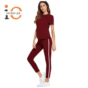 Red and White Striped Tracksuit Tape Tee & Leggings Pants Set for Women