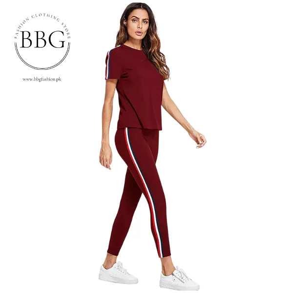 Red and White Striped Tracksuit Tape Tee & Leggings Pants Set for Women