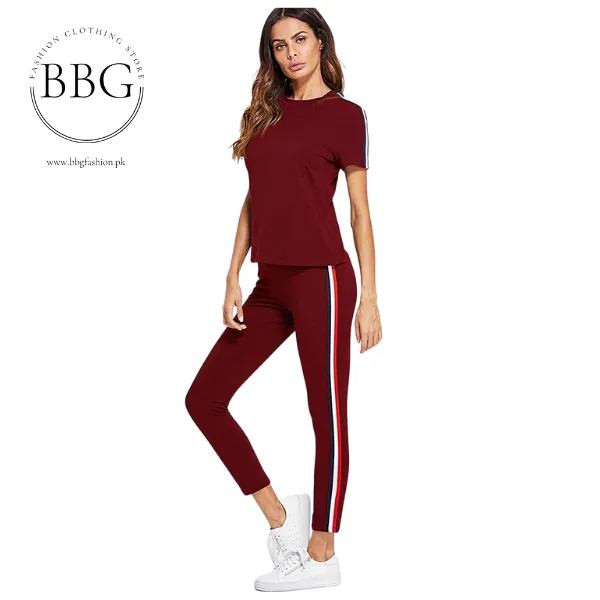 Red and White Striped Tracksuit Tape Tee & Leggings Pants Set for Women