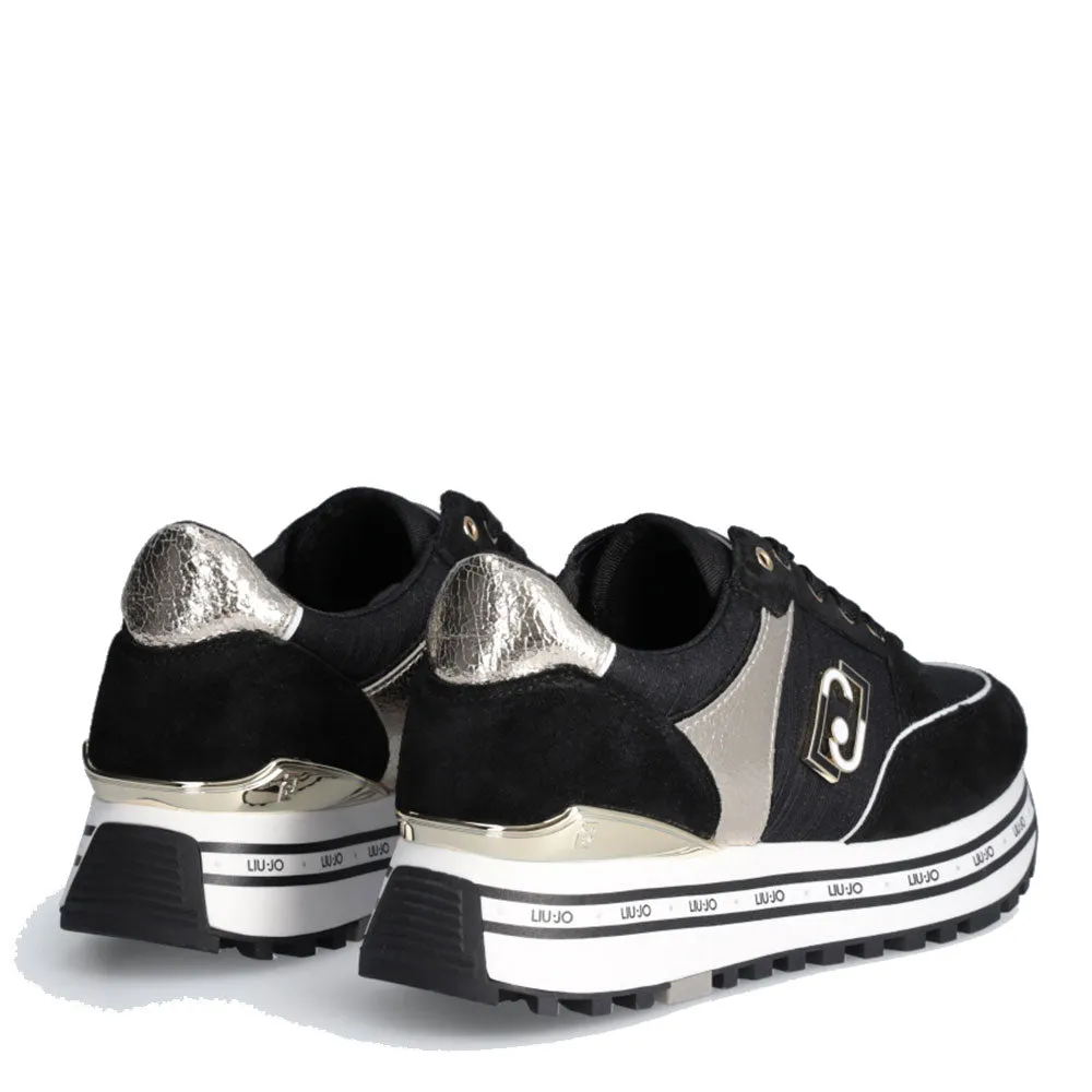 Scarpe Donna LIU JO Maxi Wonder 20 Sneakers Platform in Suede e Crackle Nero e Oro