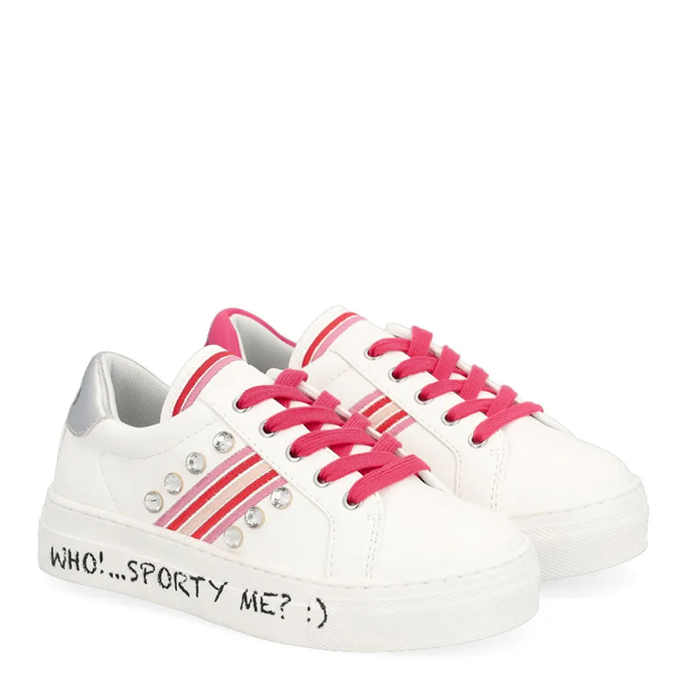 Scarpe Junior LIU JO linea Alicia Chic 301 Sneakers con Pietre Gioiello colore Bianco Argento e Fuxia