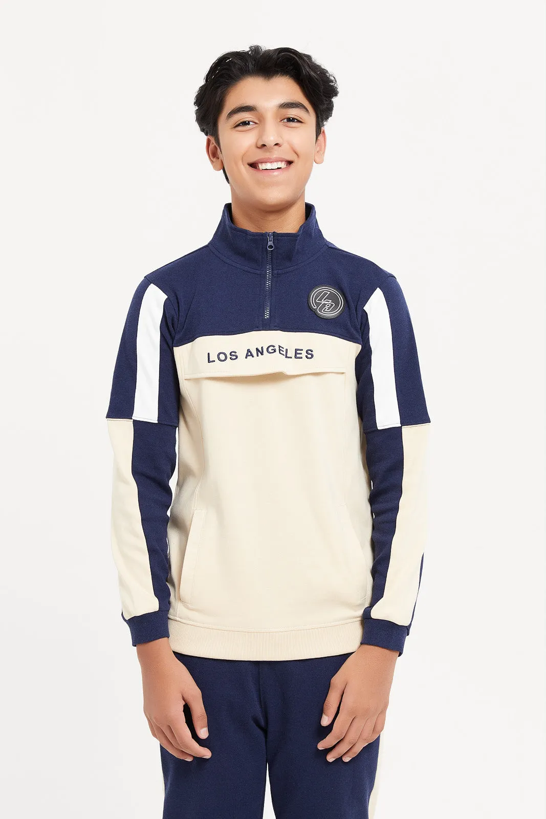 Senior Boys Navy And Beige Active Jogging Suit (2 Piece)