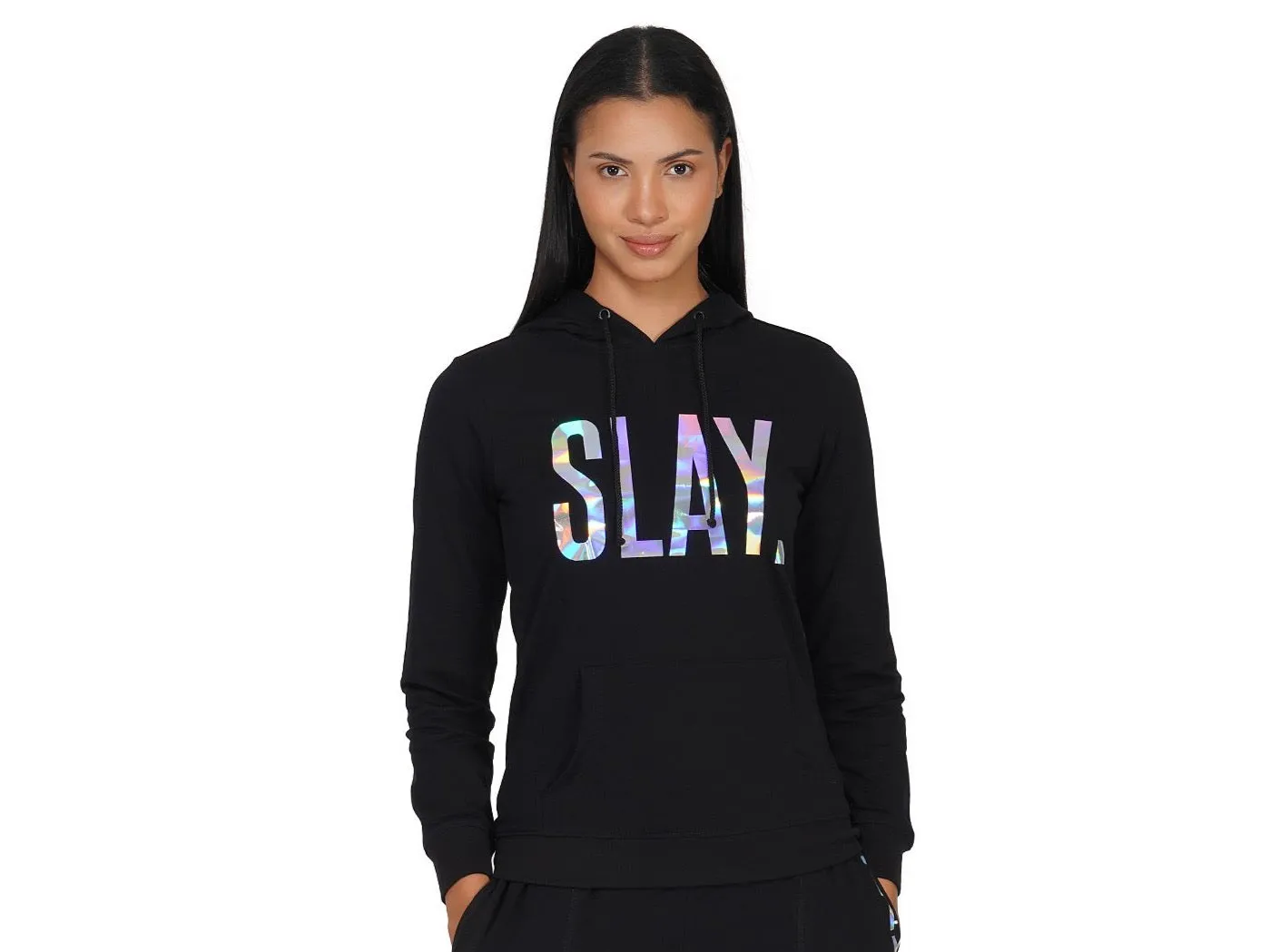 SLAY. Classic Women's 💎 Edition Holographic Reflective Print Black Hoodie