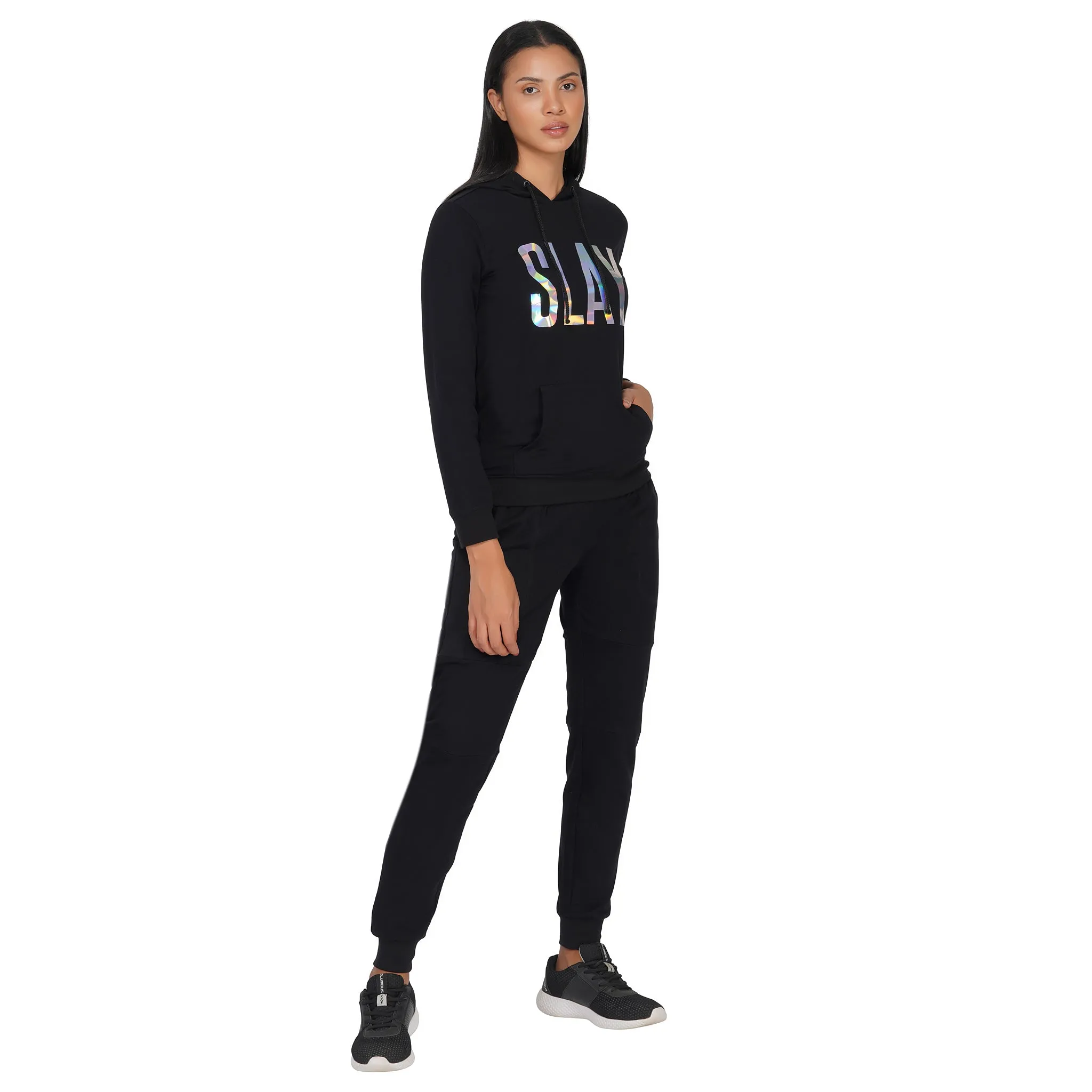 SLAY. Classic Women's Limited Edition Holographic Mirror Foil Print Black Tracksuit