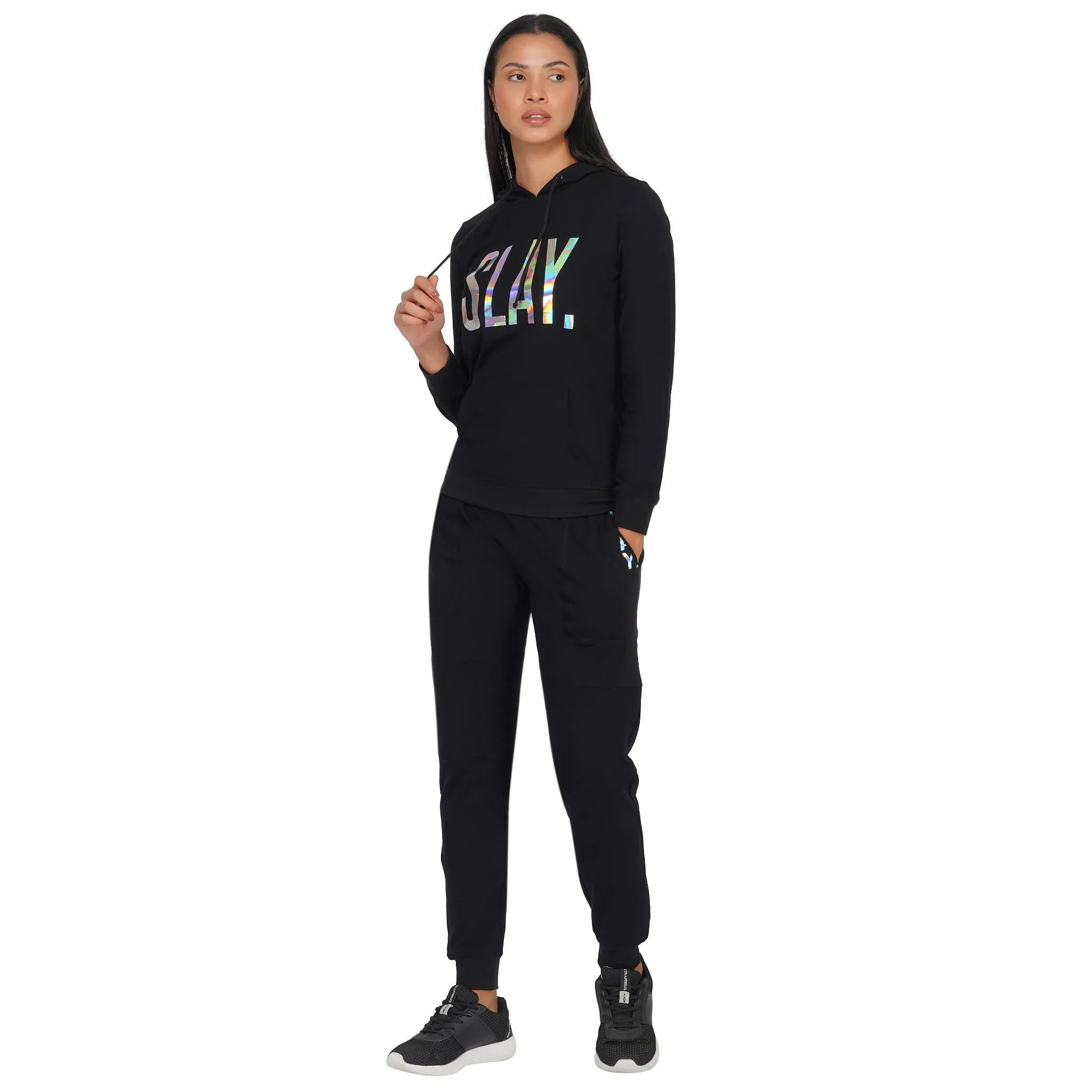 SLAY. Classic Women's Limited Edition Holographic Mirror Foil Print Black Tracksuit