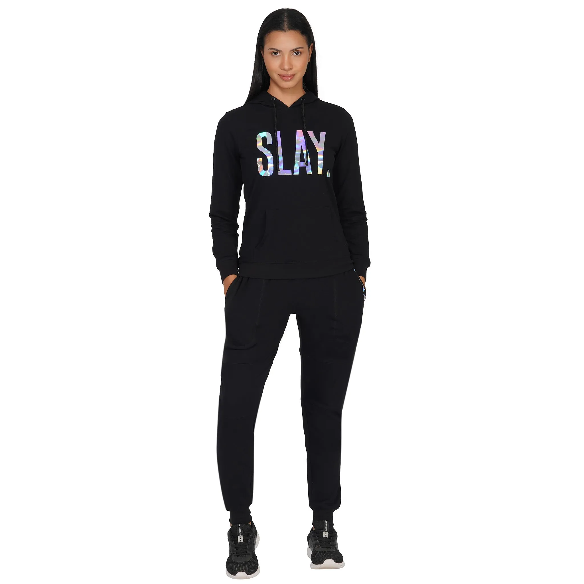 SLAY. Classic Women's Limited Edition Holographic Mirror Foil Print Black Tracksuit