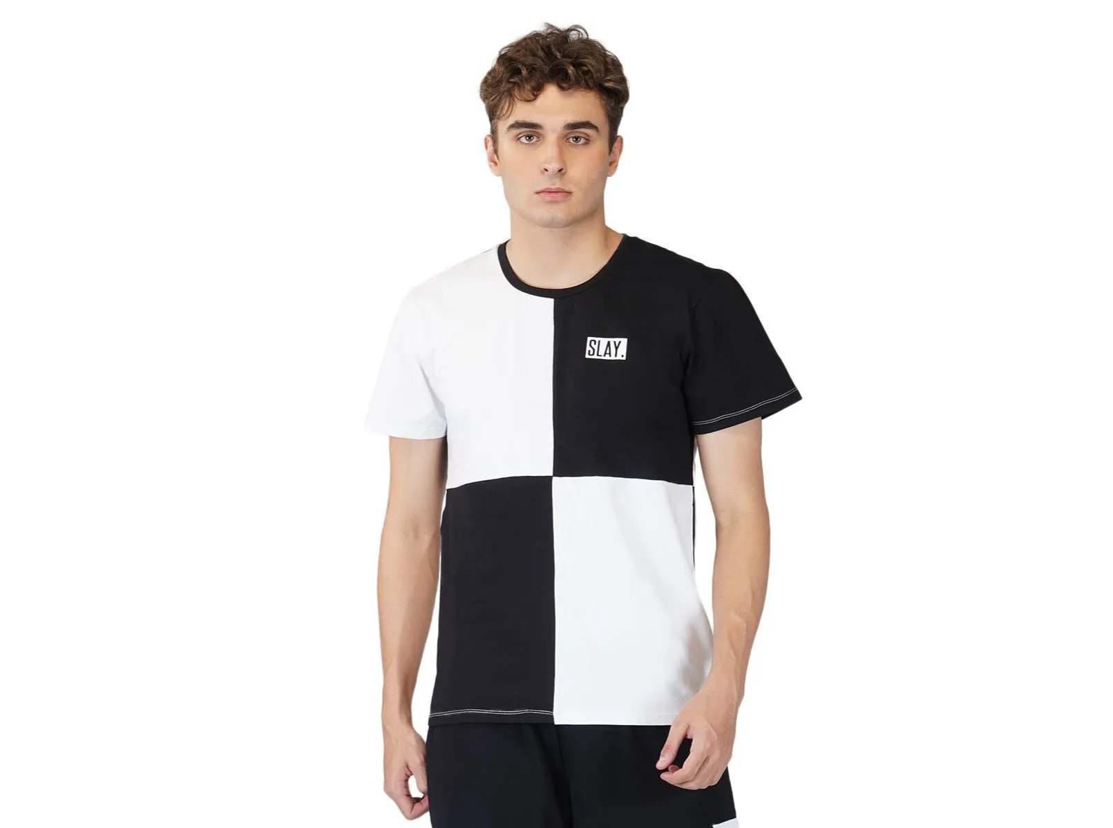 SLAY. Men's Black & White Colorblock Designer T-shirt