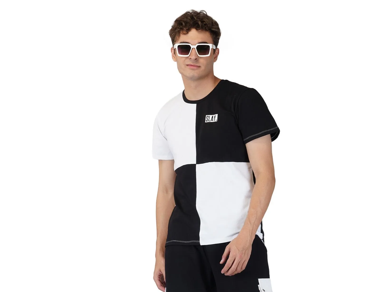 SLAY. Men's Black & White Colorblock Designer T-shirt