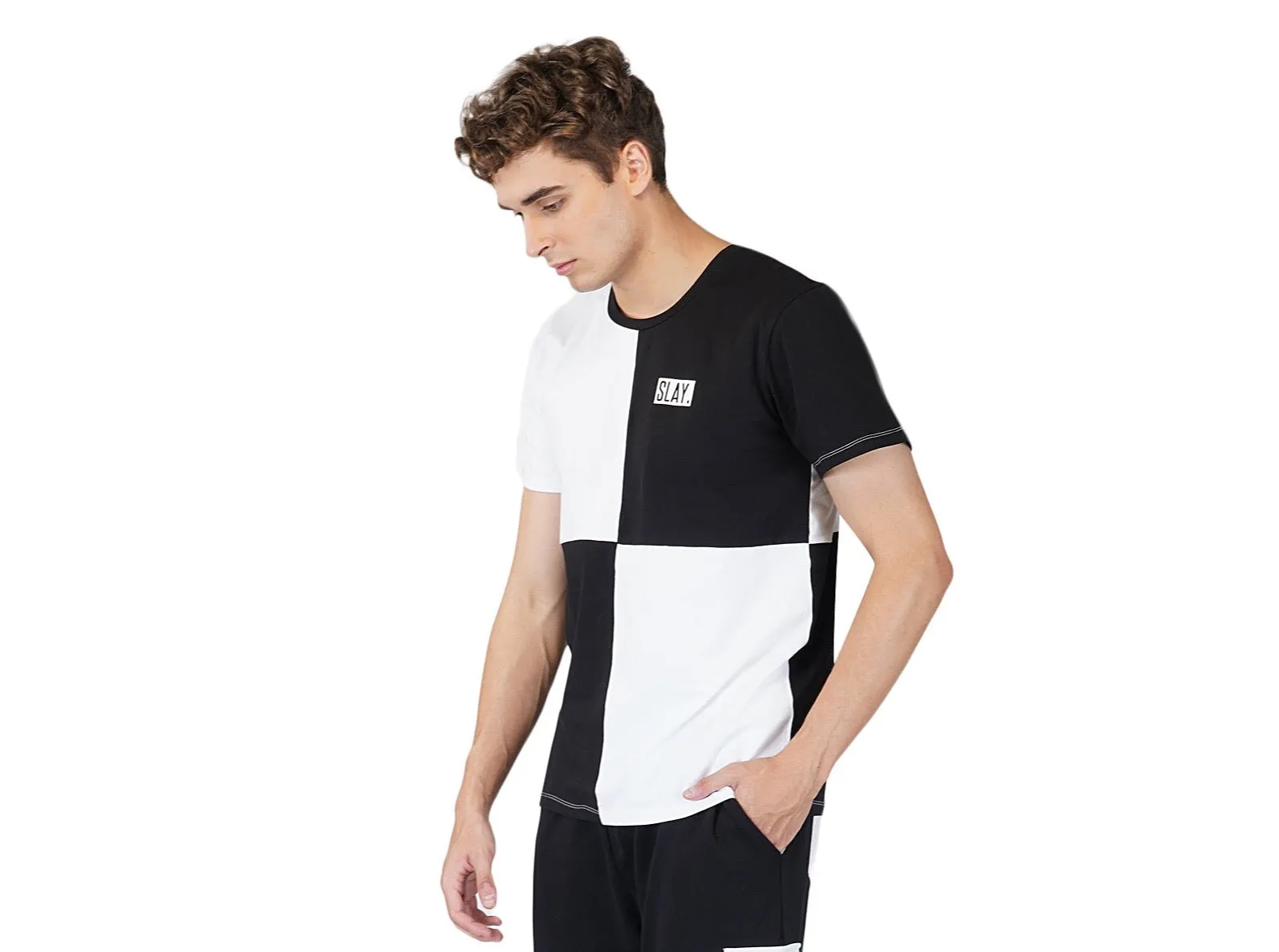 SLAY. Men's Black & White Colorblock Designer T-shirt