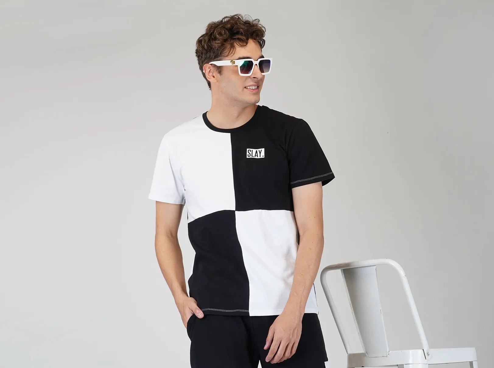 SLAY. Men's Black & White Colorblock Designer T-shirt