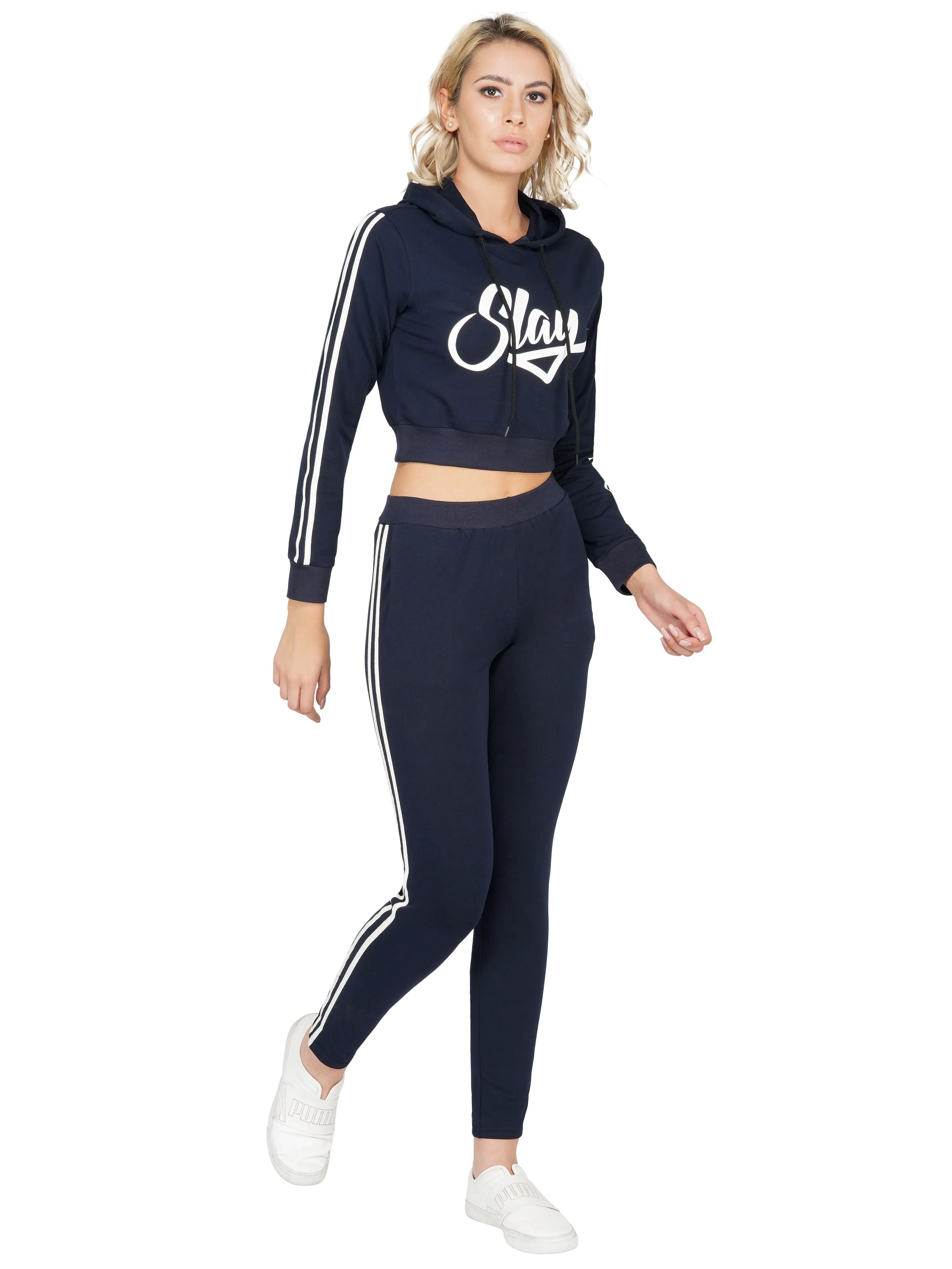 SLAY. Sport Women's Activewear Blue Printed Tracksuit with White Side Stripes