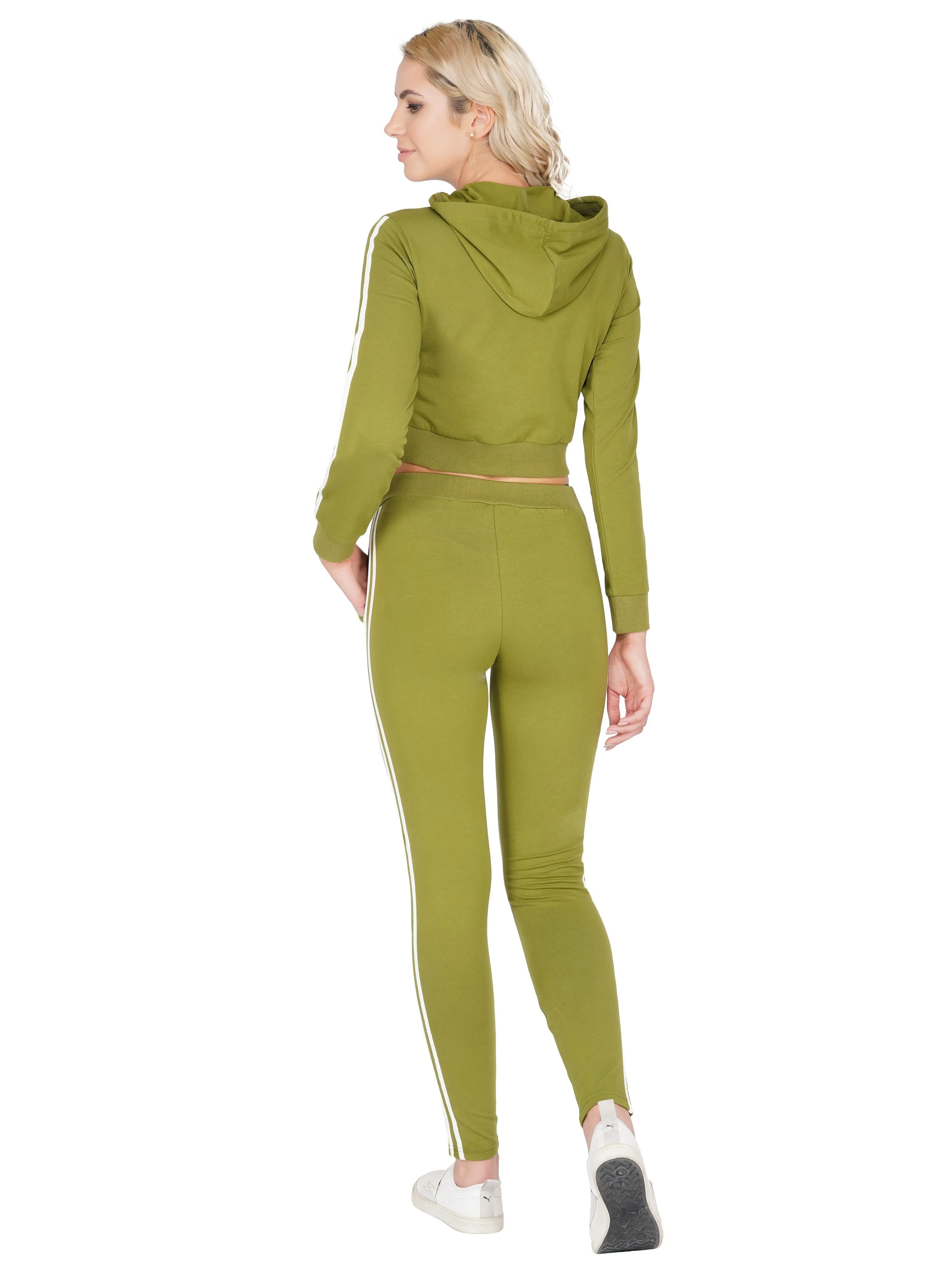 SLAY. Sport Women's Activewear Olive Green Printed Tracksuit with White Side Stripes