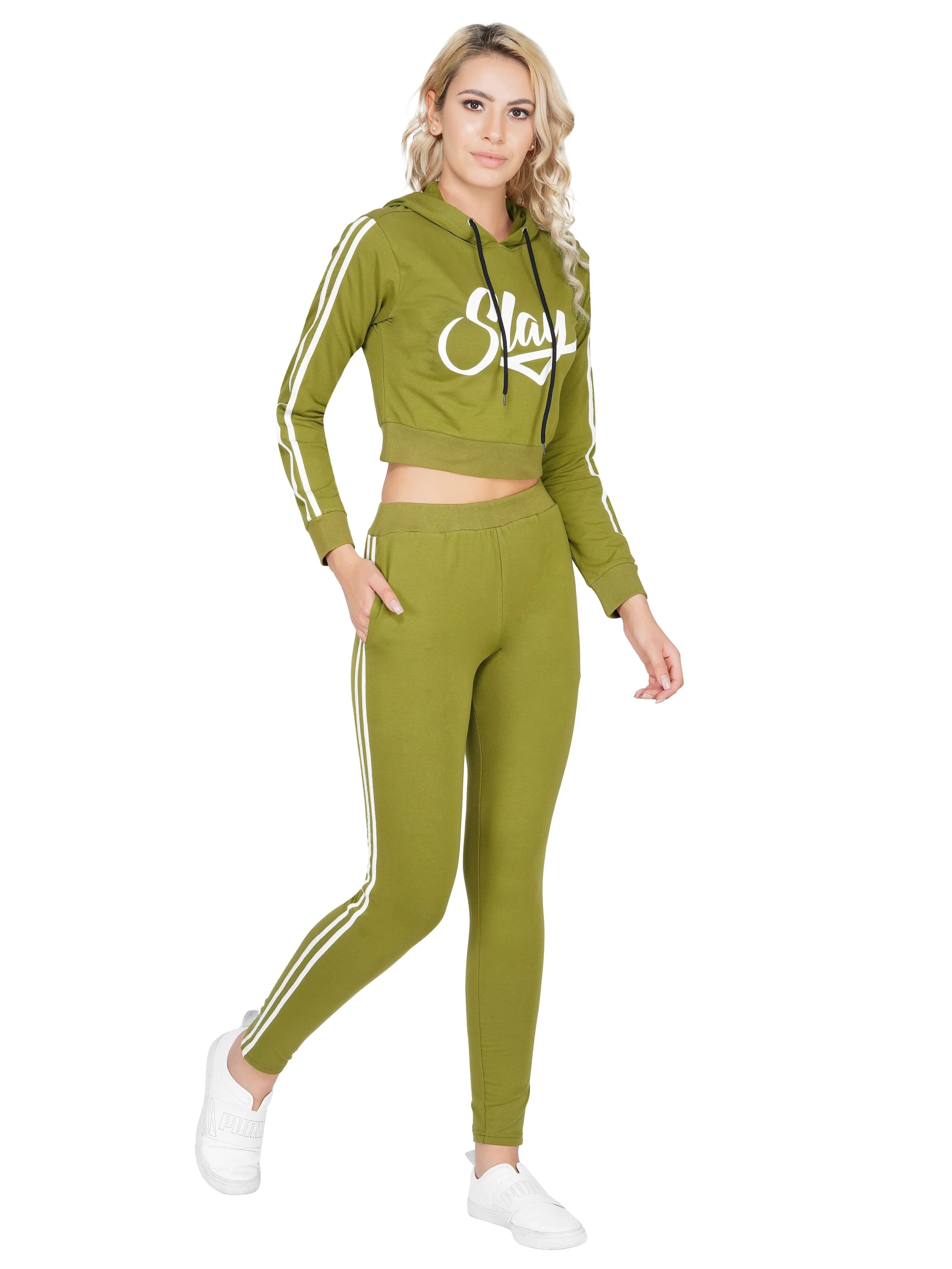 SLAY. Sport Women's Activewear Olive Green Printed Tracksuit with White Side Stripes