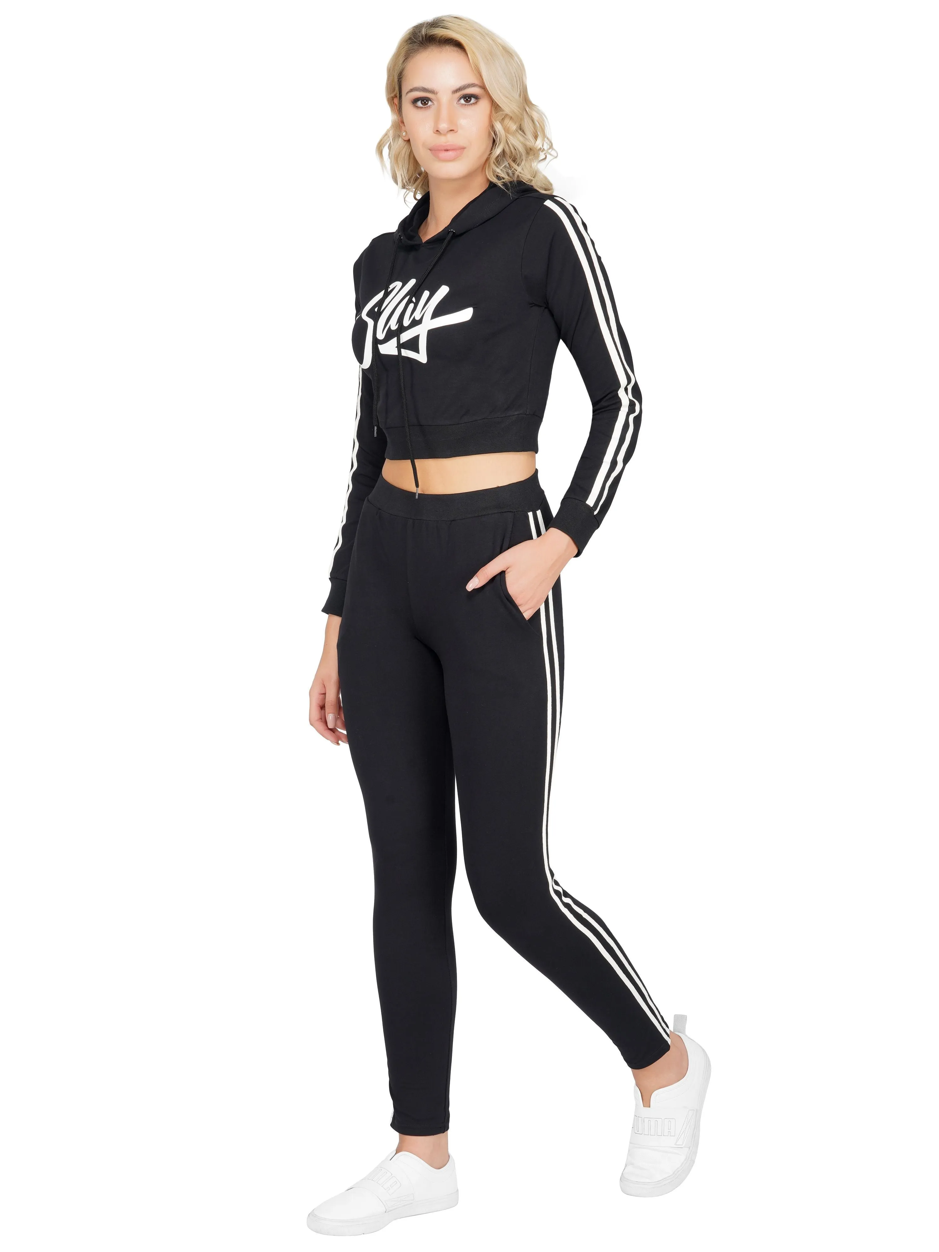 SLAY. Sport Women's Black Printed Tracksuit with White Side Stripes