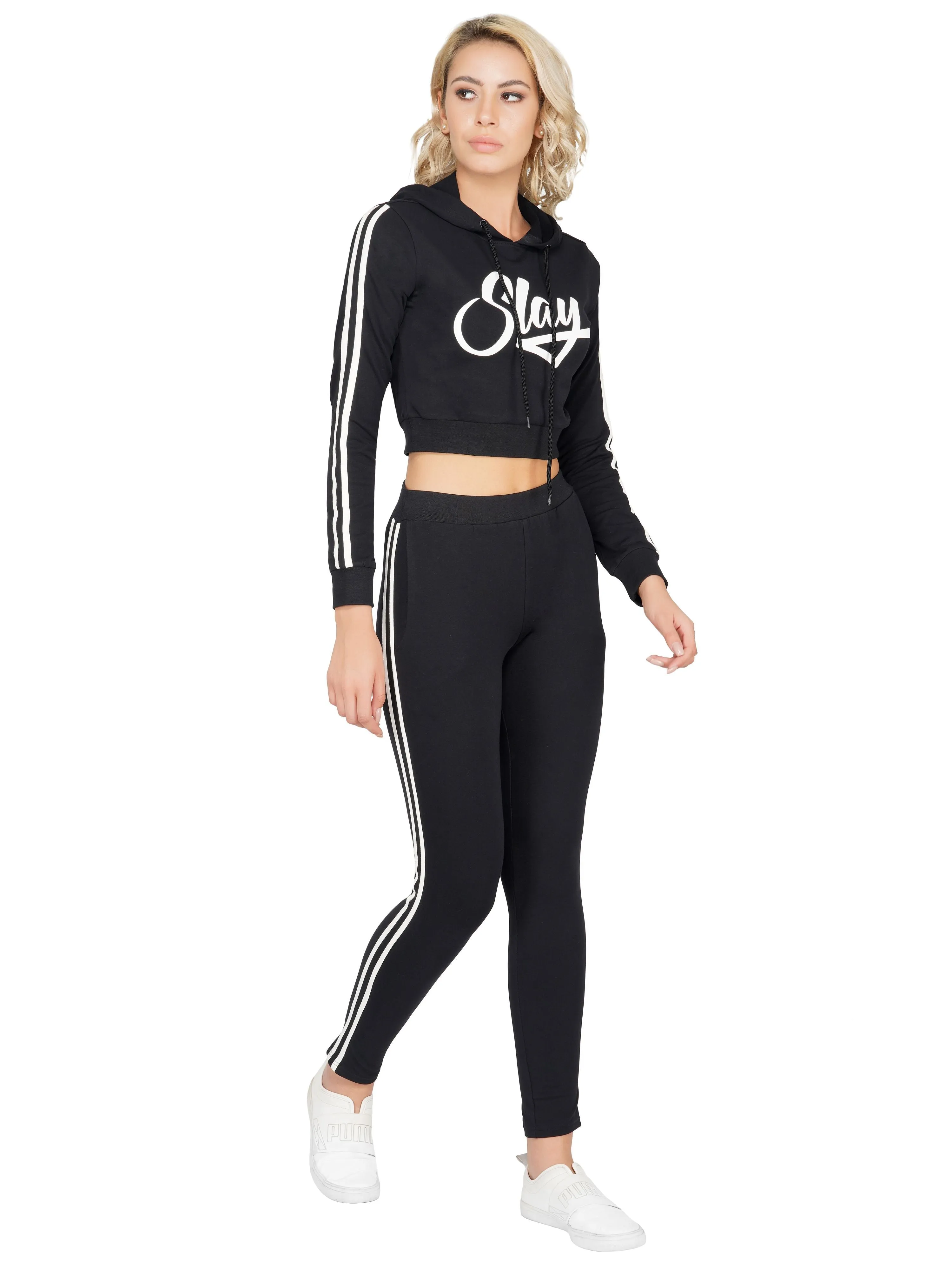 SLAY. Sport Women's Black Printed Tracksuit with White Side Stripes