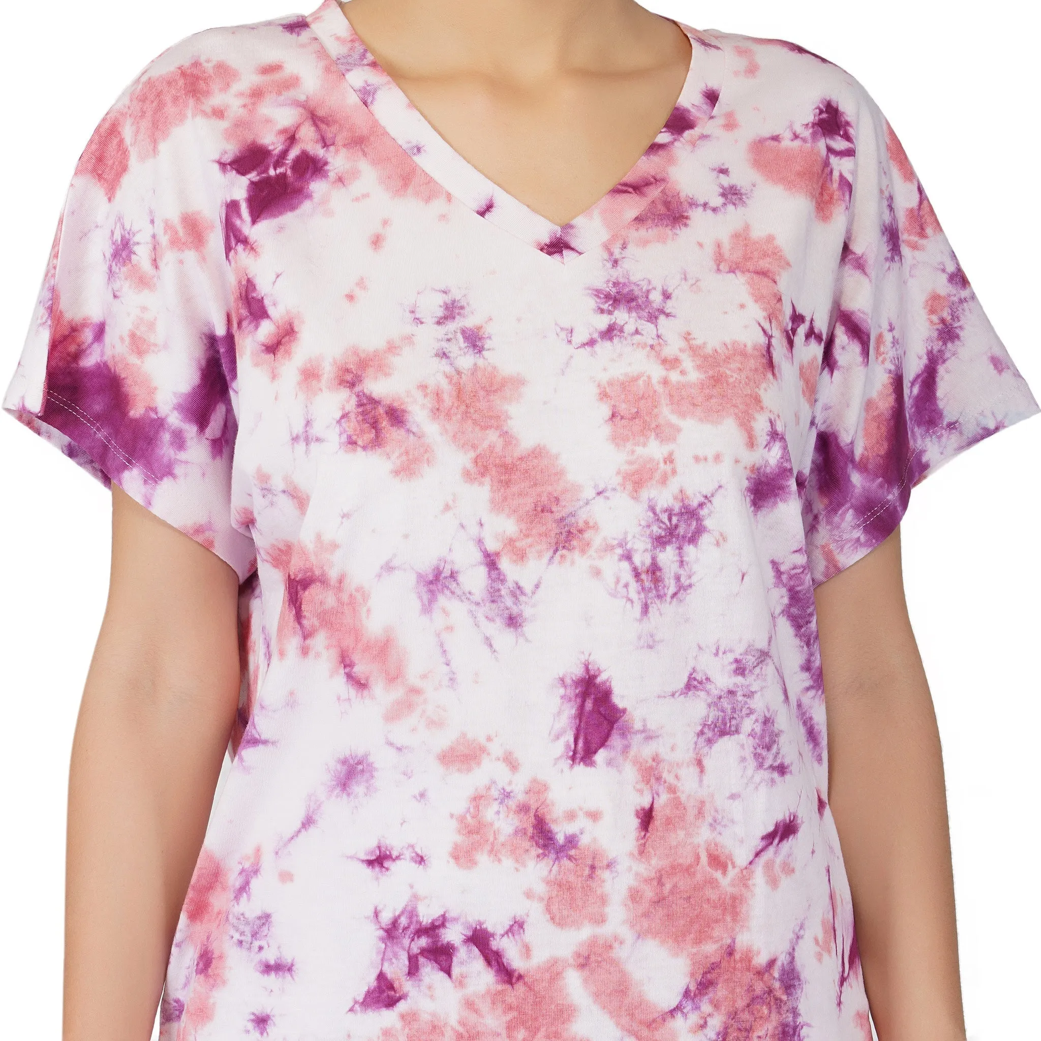 SLAY. Women's Lavender Lilac Tie Dye Oversized Off shoulder V neck T Shirt