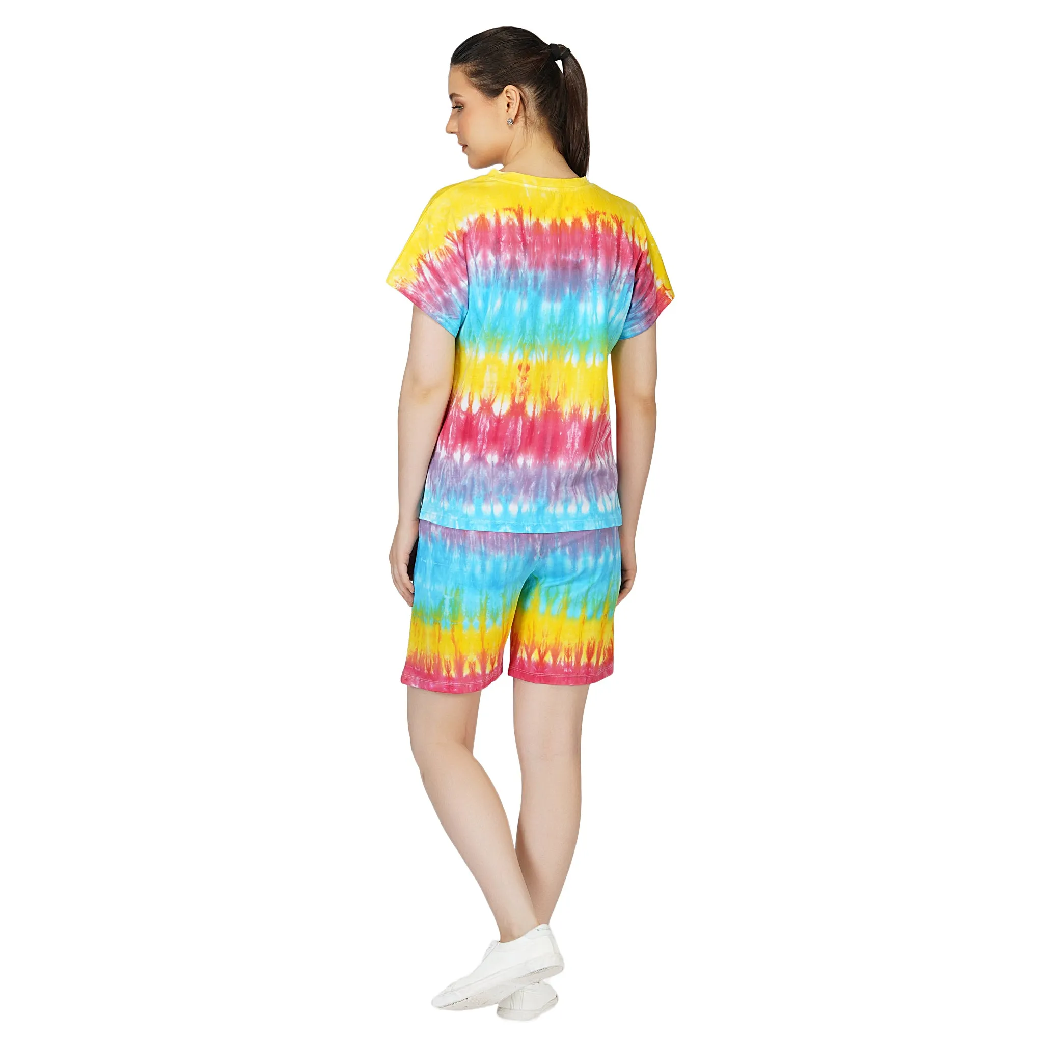 SLAY. Women's Rainbow Tie-Dye Oversized V Neck T shirt & Shorts Co ord Set