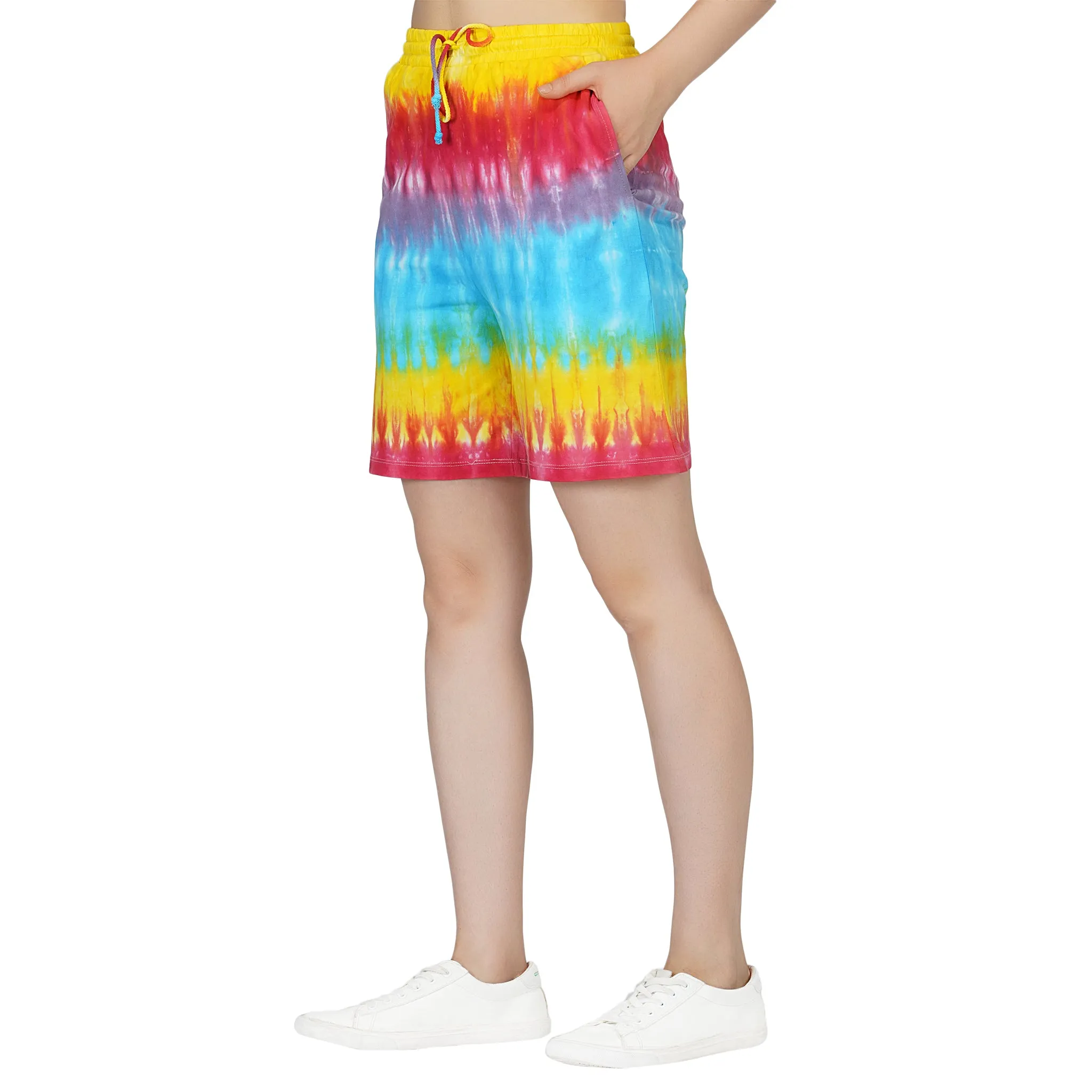 SLAY. Women's Rainbow Tie-Dye Oversized V Neck T shirt & Shorts Co ord Set