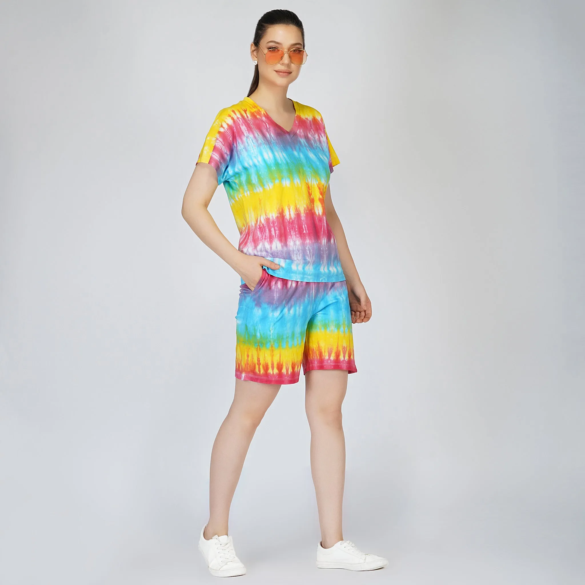 SLAY. Women's Rainbow Tie-Dye Oversized V Neck T shirt & Shorts Co ord Set