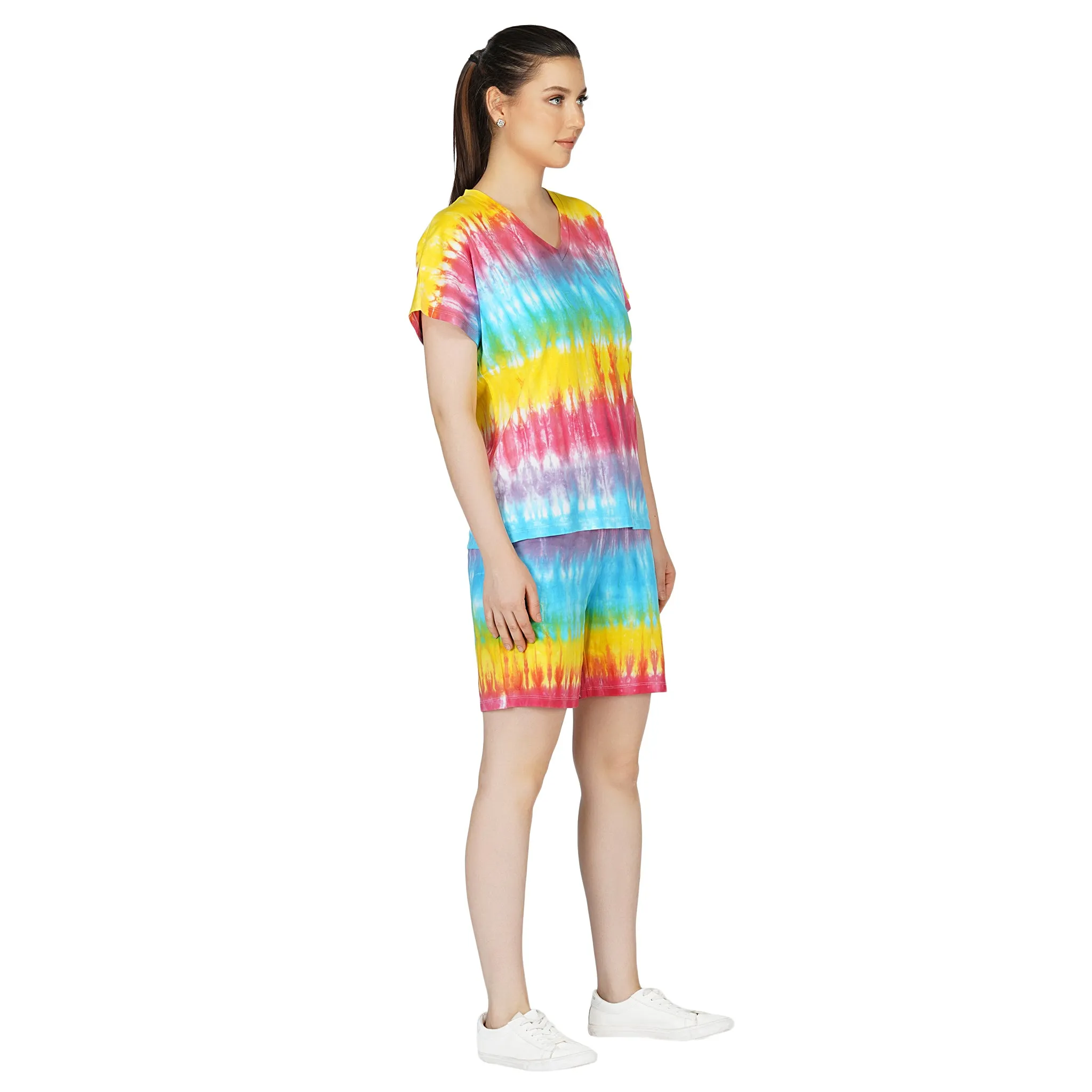 SLAY. Women's Rainbow Tie-Dye Oversized V Neck T shirt & Shorts Co ord Set