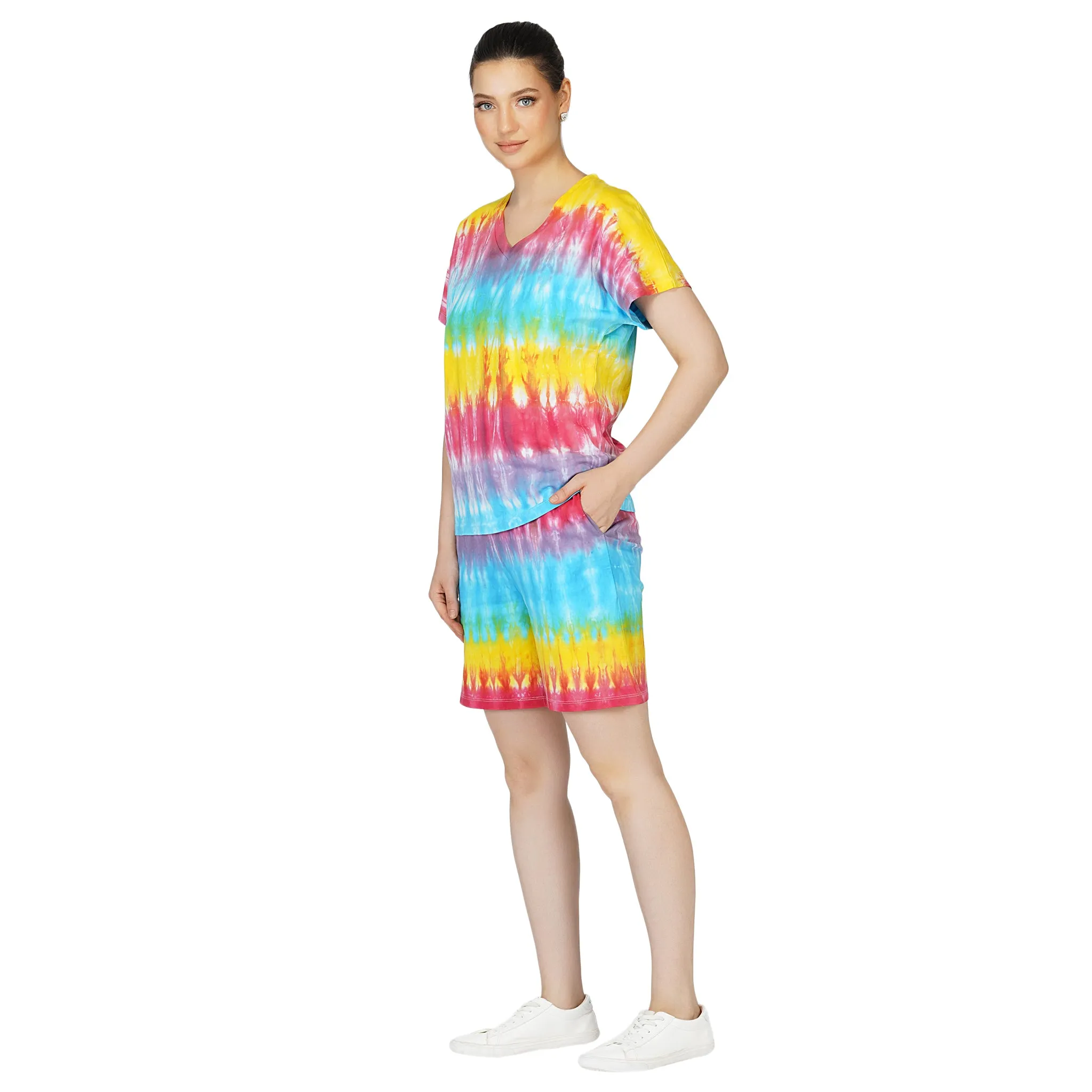 SLAY. Women's Rainbow Tie-Dye Oversized V Neck T shirt & Shorts Co ord Set